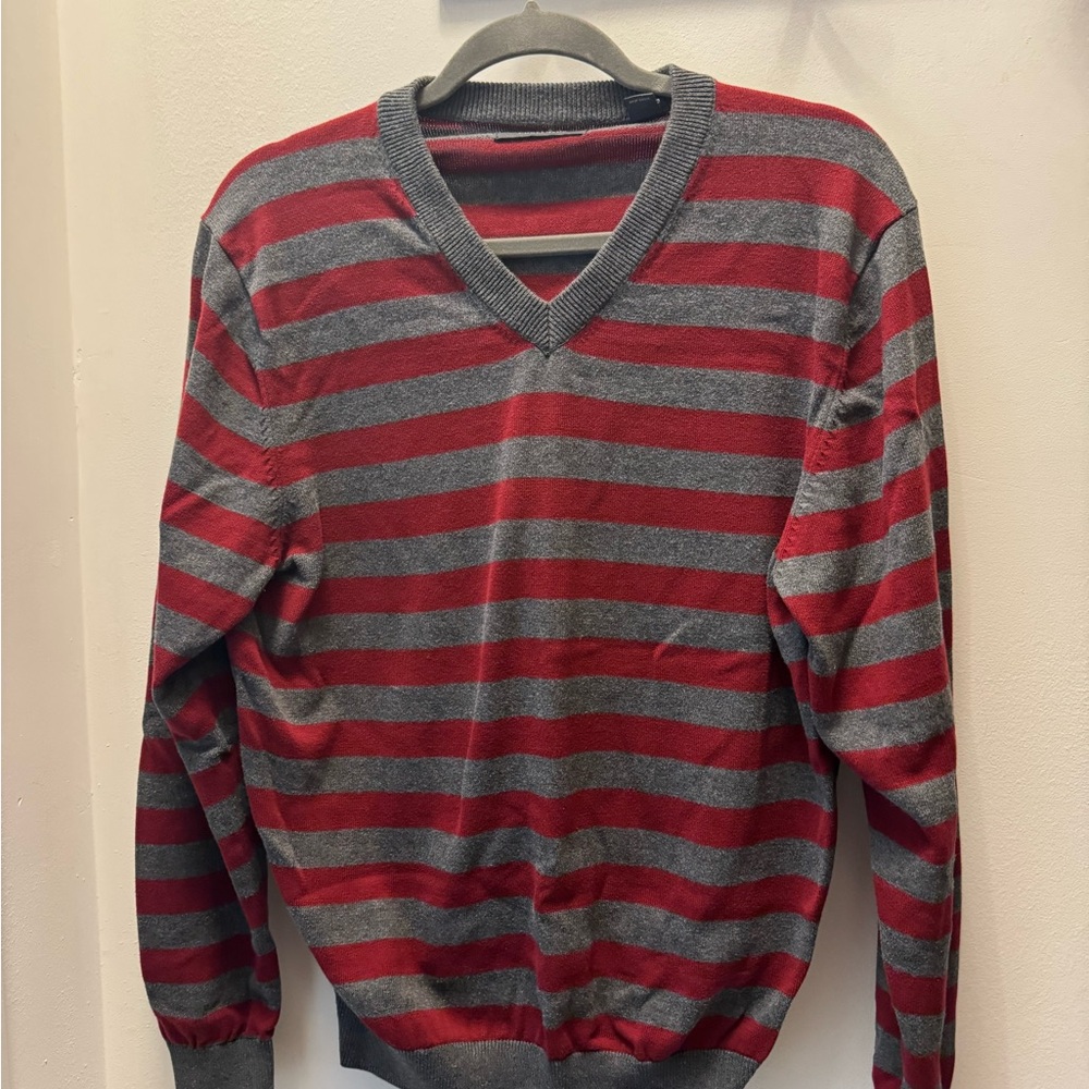 Red and Gray V-Neck Striped Sweater size medium